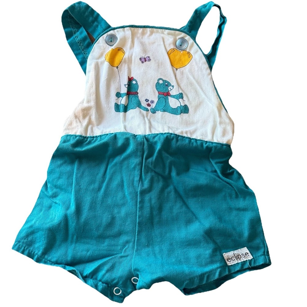 VINTAGE 80s Romper Shortalls Baby Boys 18 M Overall Teddy Bear Teal
